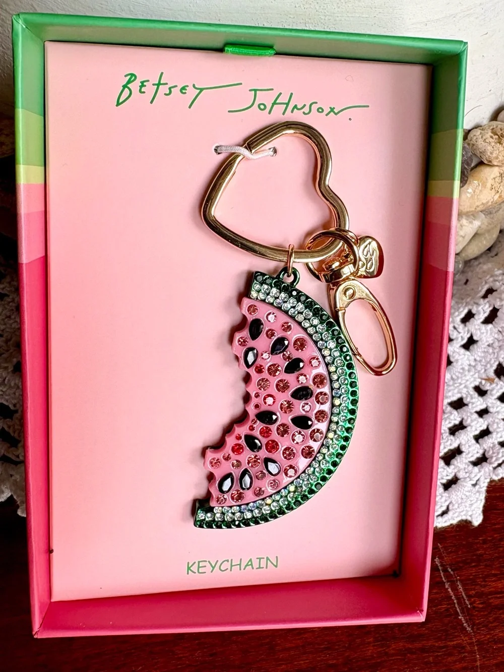 Betsey Johnson Pink & Green Watermelon Crystal Keychain with Gold Heart Ring